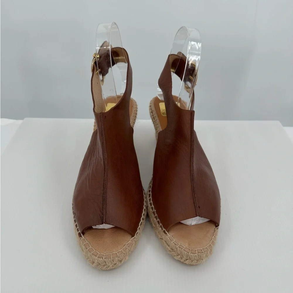 Kanna Peep Toe‎ Slingback Brown Leather Espadrille Wedge Sandals Size 9.5